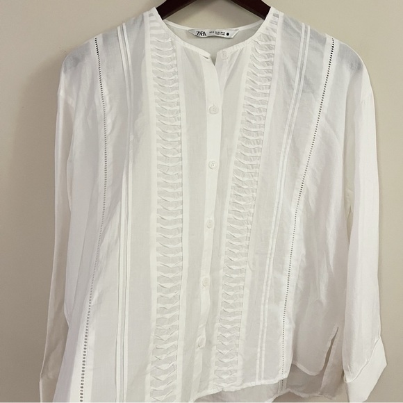 ZARA White Asymmetric Hem Blouse Button Front Cotton Pleated Front Size XS - Picture 7 of 10